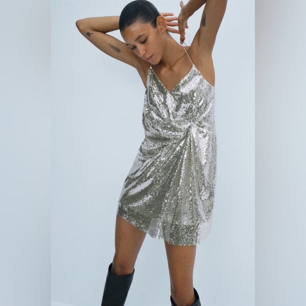 NWT Zara Knotted Sequin Silver Dress Size M
